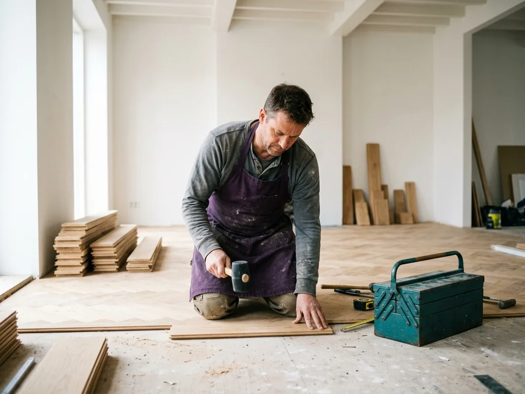 Artisan posant du parquet en chêne, témoignant de la rénovation complète d'un intérieur.