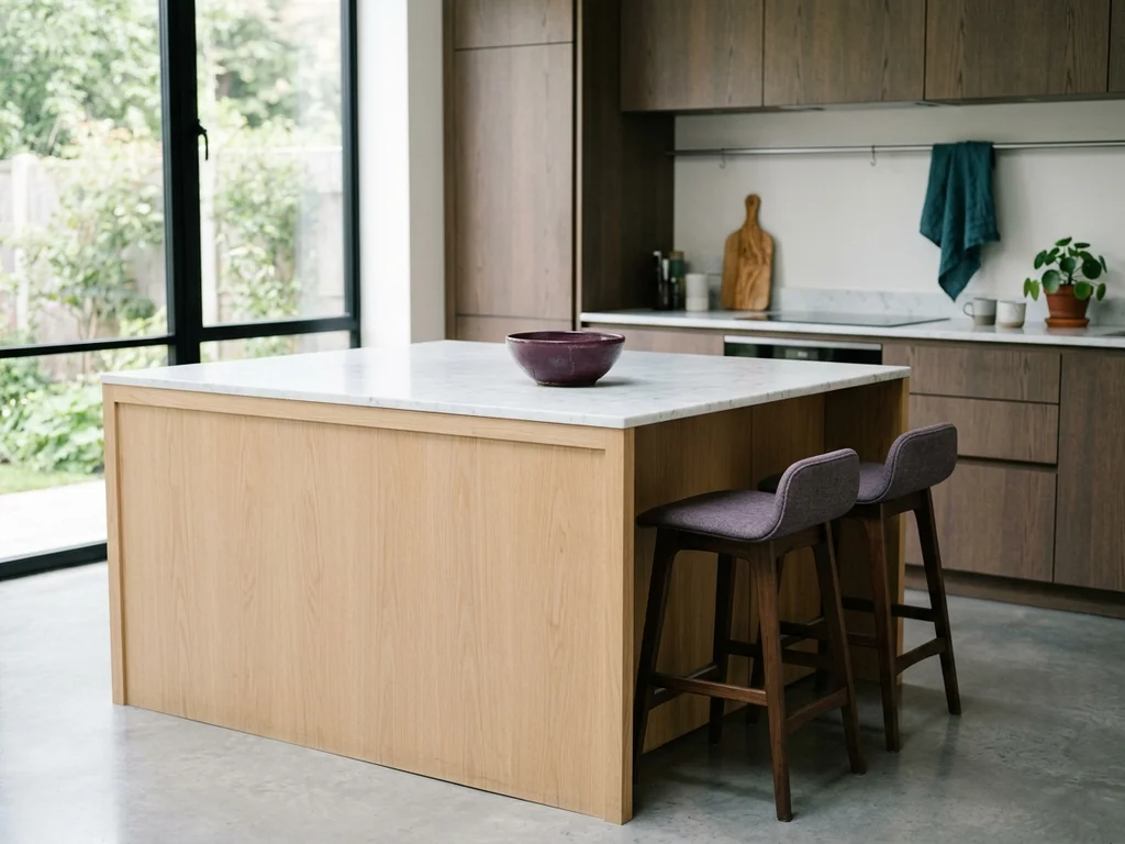Cuisine ouverte avec îlot en bois clair illustrant l'harmonie d'une rénovation moderne du sol au plafond.