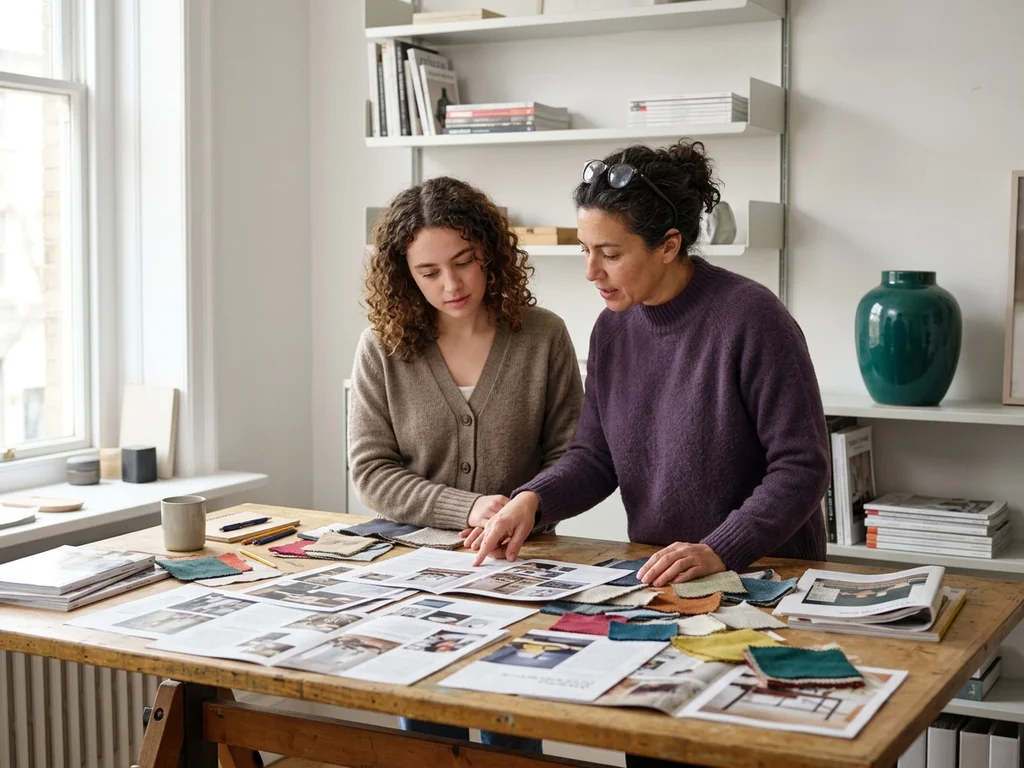 L'équipe de rédaction collabore autour de dossiers, d'échantillons de matières et de maquettes de magazines.