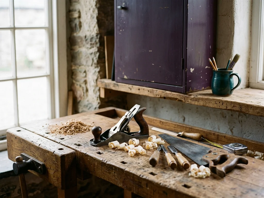 Un établi de bricolage avec des outils rangés illustrant l'histoire artisanale de la pièce.