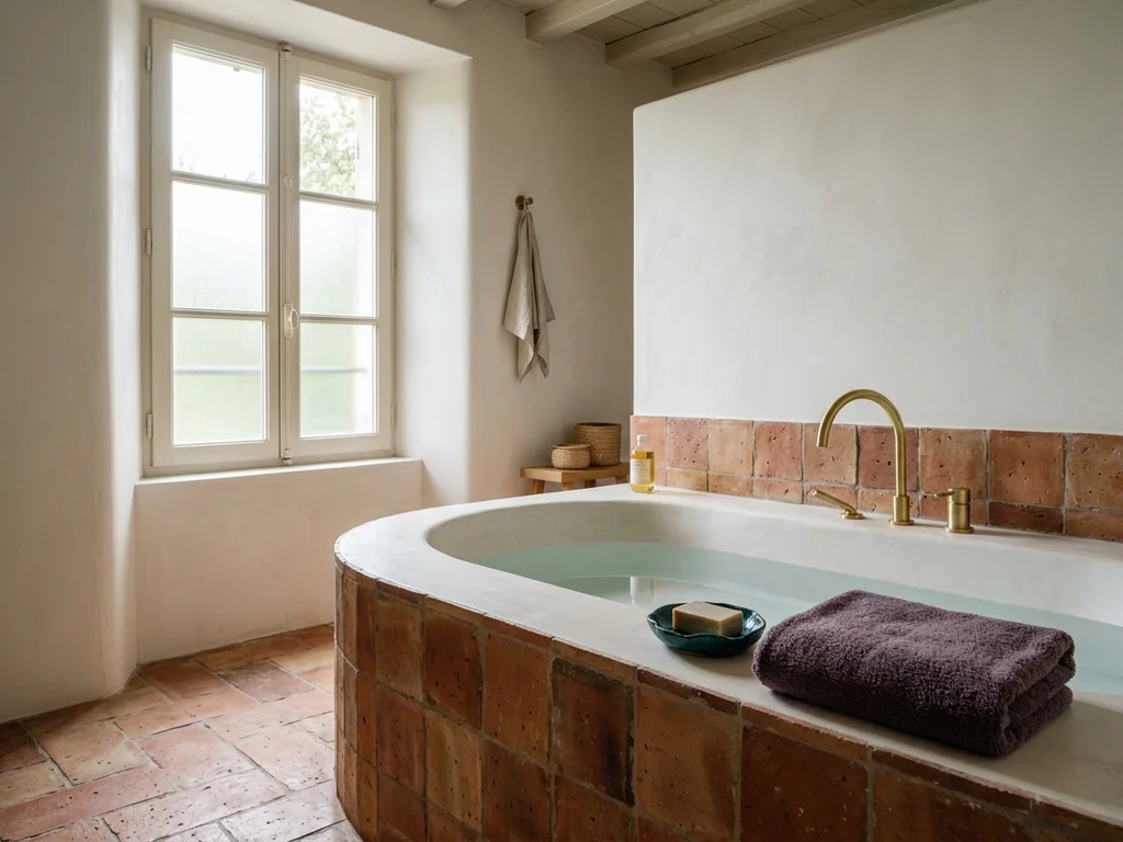 Carrelage en terre cuite artisanale dans une salle de bain rénovée, illustrant la qualité des finitions.