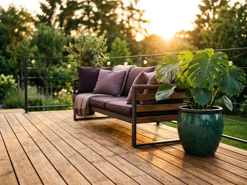 Terrasse en bois aménagée avec du mobilier élégant pour créer un espace extérieur harmonieux.